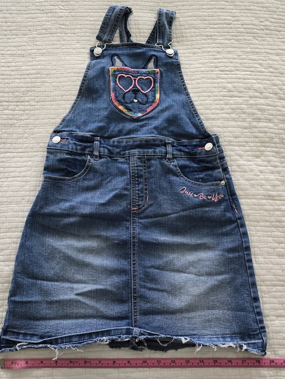 Jordache Girls Denim Bib Overall Dress Dog Embroidery Sequin  Size L (10-12)